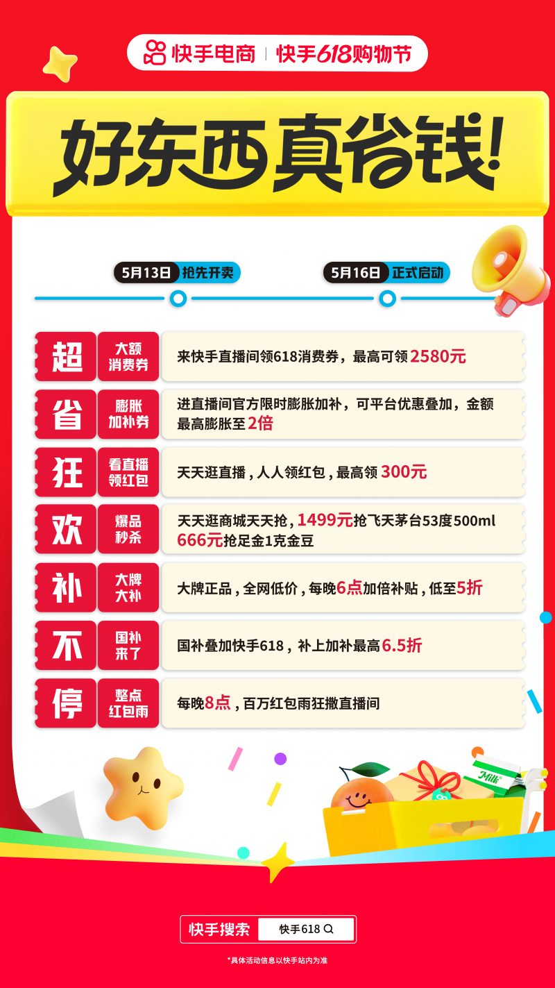 快手618购物节正式开启：直播间领大额消费券 超省狂欢补不停