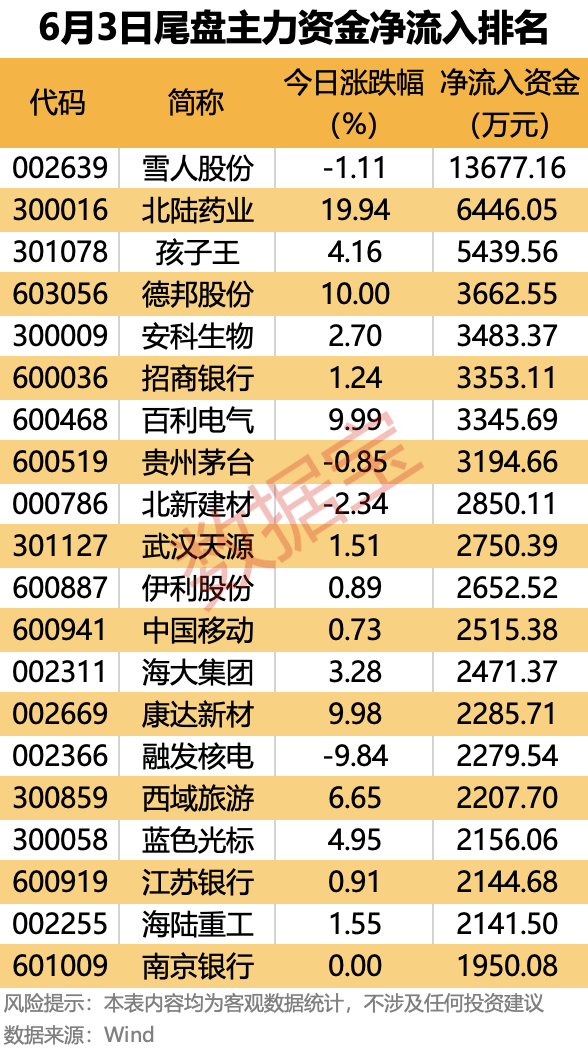 主力资金丨一只涨停一只跌停，资金尾盘出逃均超亿元！
