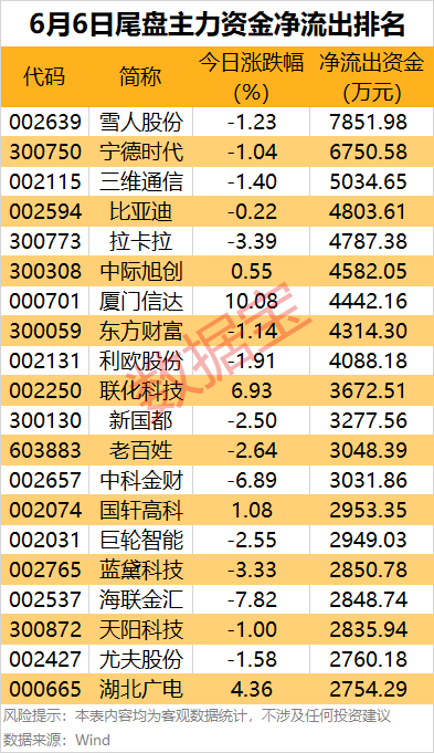 主力资金丨尾盘，主力资金出逃这些股！