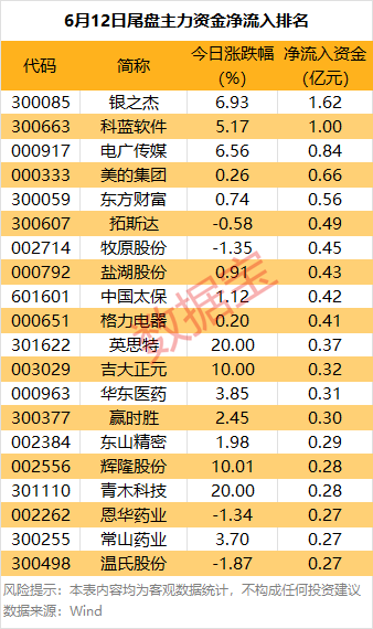 主力资金丨10股尾盘获主力重金买入